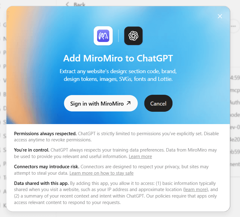 ChatGPT's Add MiroMiro to ChatGPT consent screen with the Sign in with MiroMiro button
