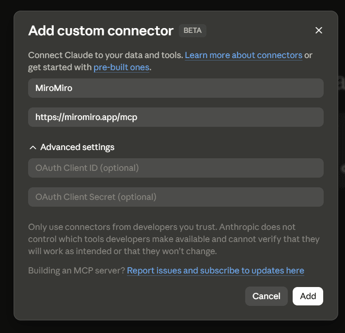 Claude's Add custom connector dialog with the MiroMiro name and URL filled in