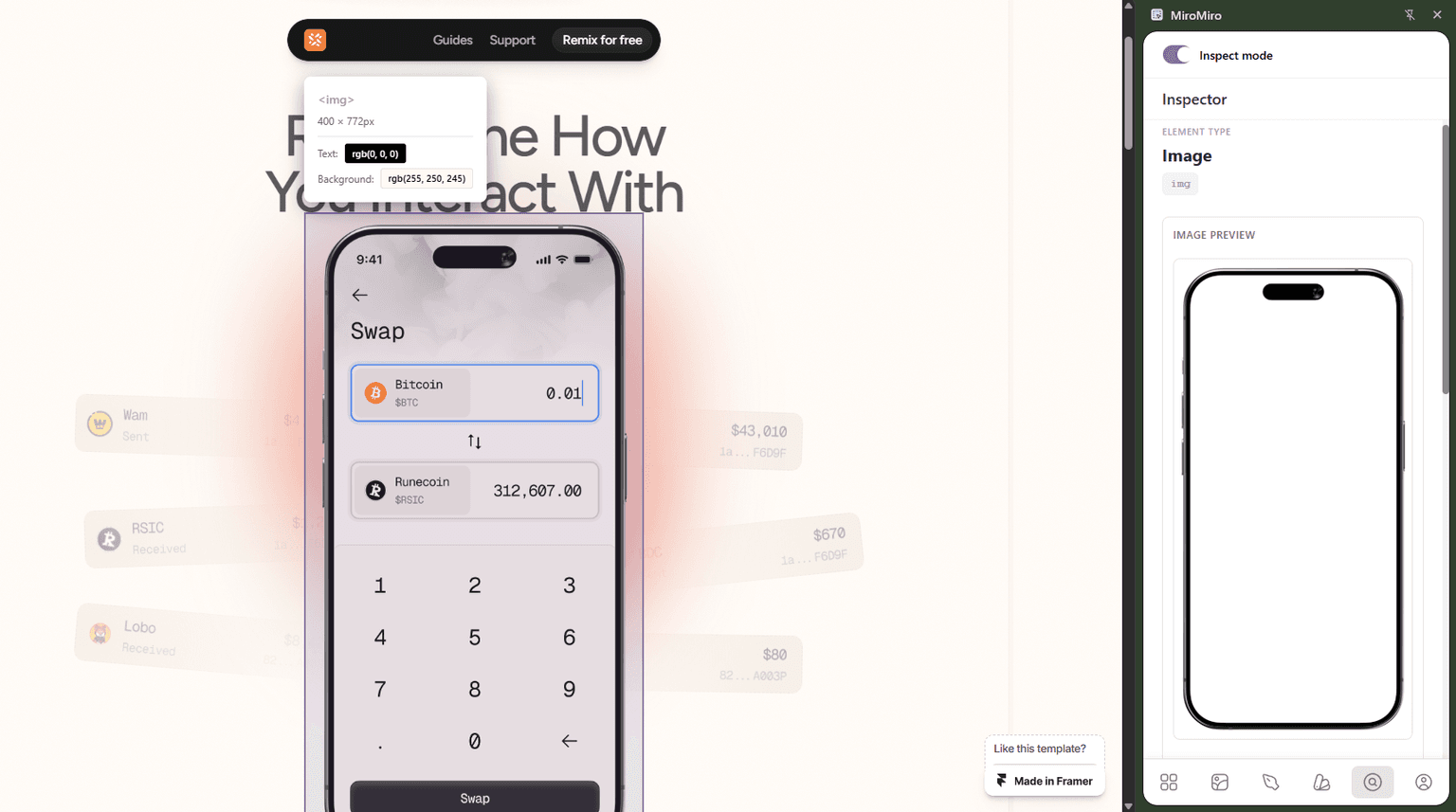 Hovering over an iPhone mockup with MiroMiro inspector