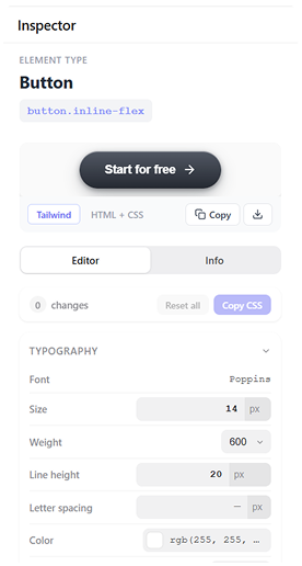 Inspector panel exporting a button to code