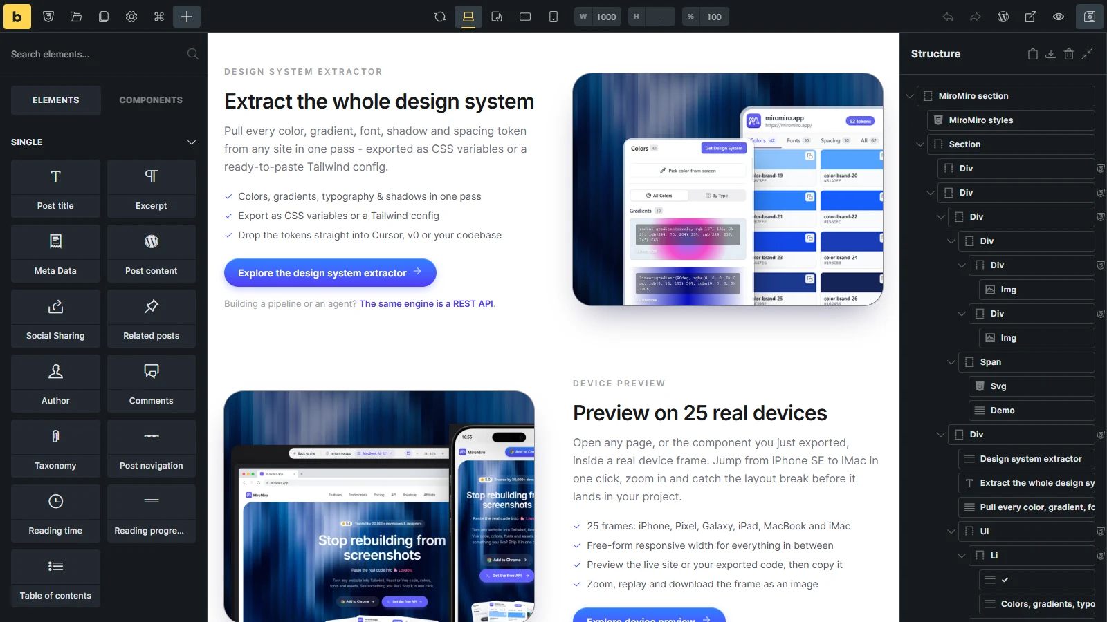 A section of miromiro.app exported by MiroMiro, open in the Bricks editor with its structure panel