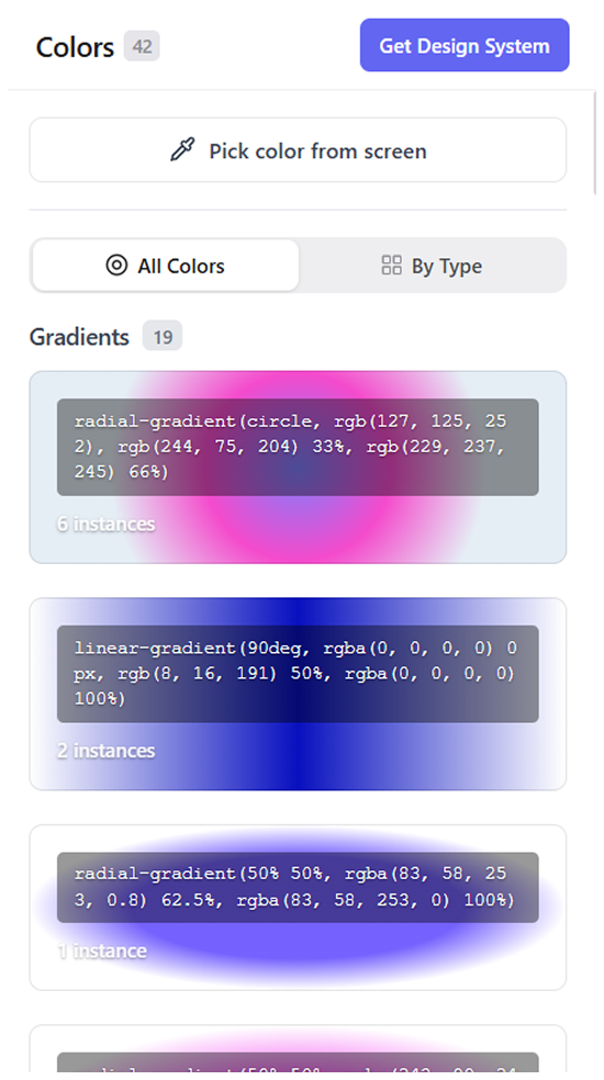 Colors panel extracting a site's palette and gradients