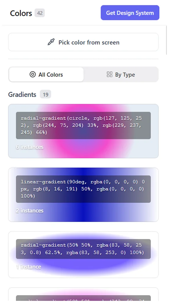 Colors panel extracting a site's gradients and design tokens