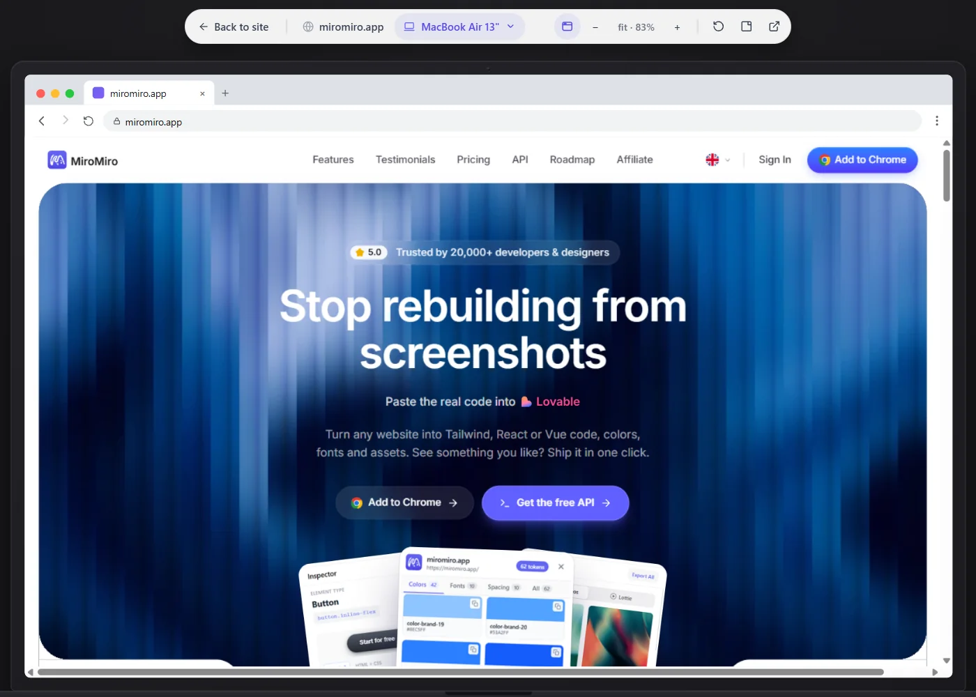 The MiroMiro homepage shown inside a MacBook Air frame, with the device switcher and zoom controls above it