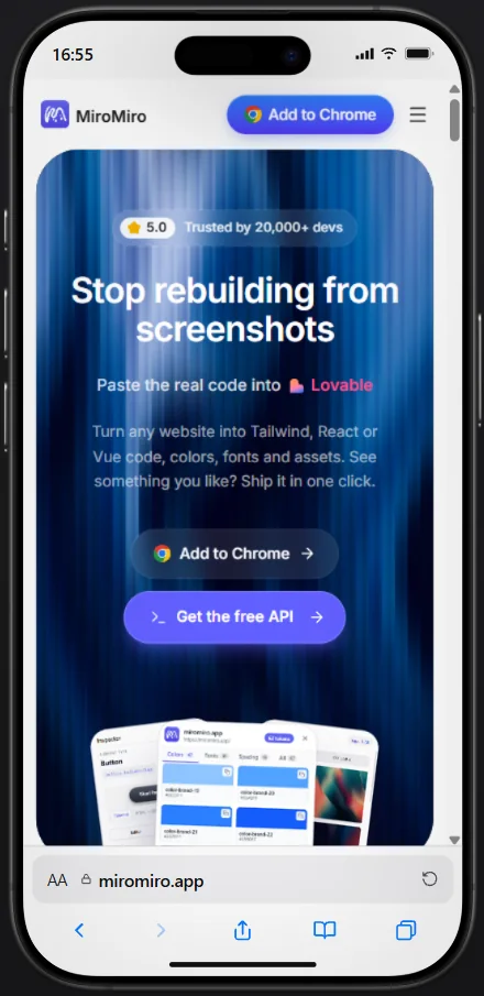 The same page shown inside an iPhone 16 Pro frame