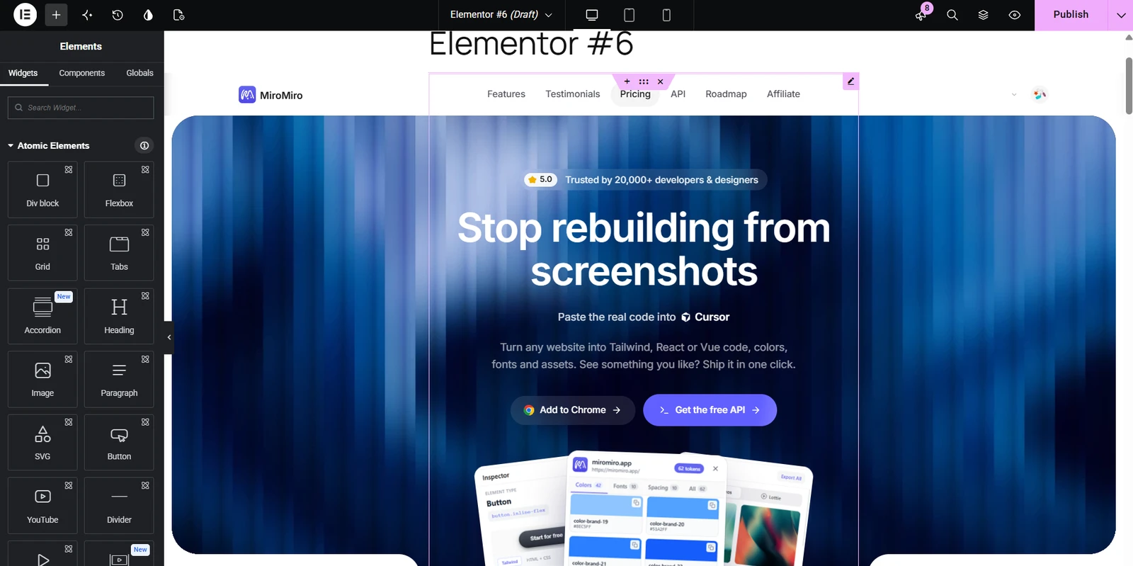 A page exported by MiroMiro, open in the Elementor editor in WordPress