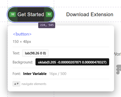 MiroMiro inspector hovering a Get Started button, showing size, colors, and font