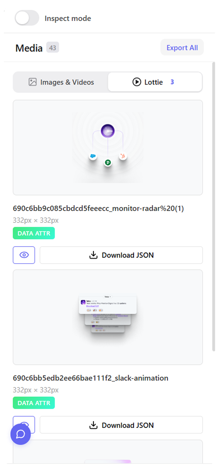 Lottie preview player with speed, loop and export controls
