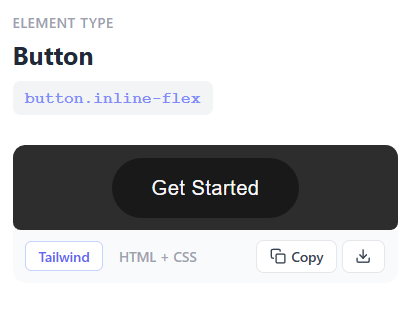 MiroMiro exporting a Get Started button as clean Tailwind HTML with a copy action