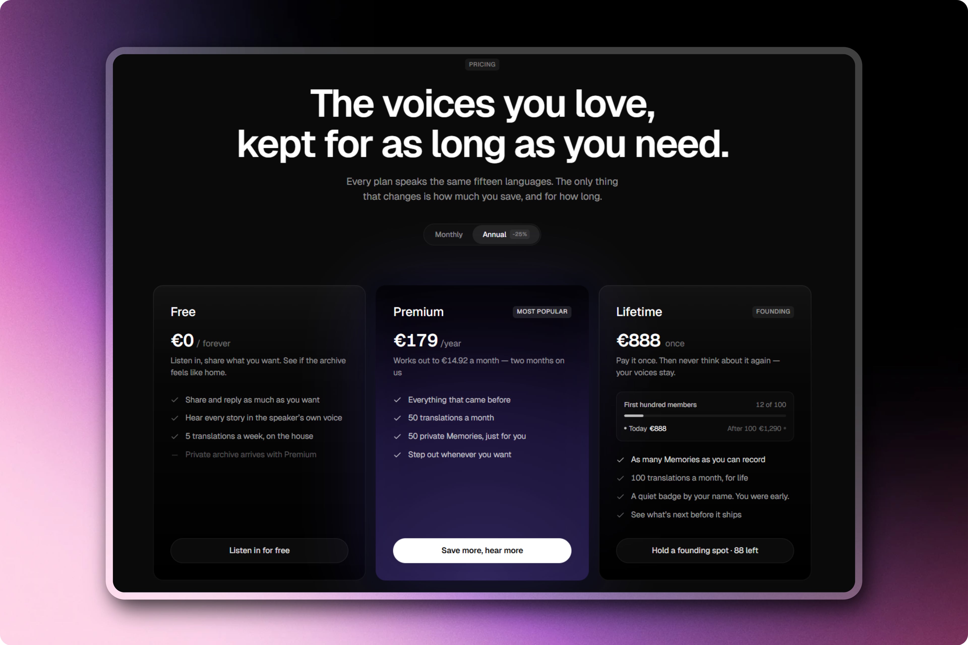 Dark pricing section built with MiroMiro