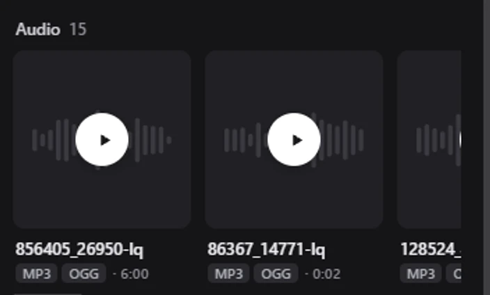 The Media tab showing an Audio row of tiles, each with a play button, the file name, MP3 and OGG format chips and its duration