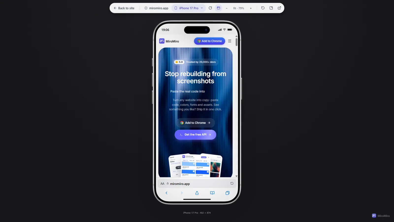 The MiroMiro homepage shown inside an iPhone 17 Pro frame, with a device switcher and zoom controls above it