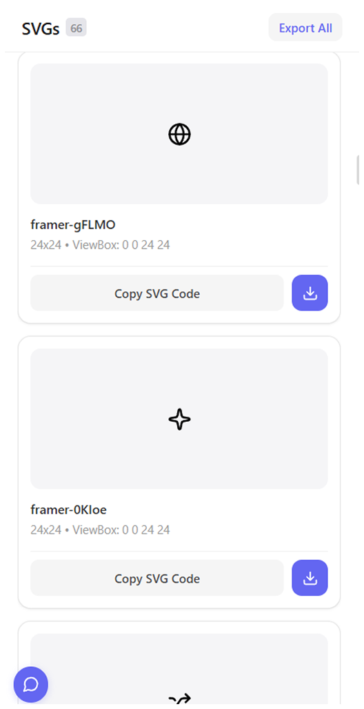 SVG extractor panel with copy and download options